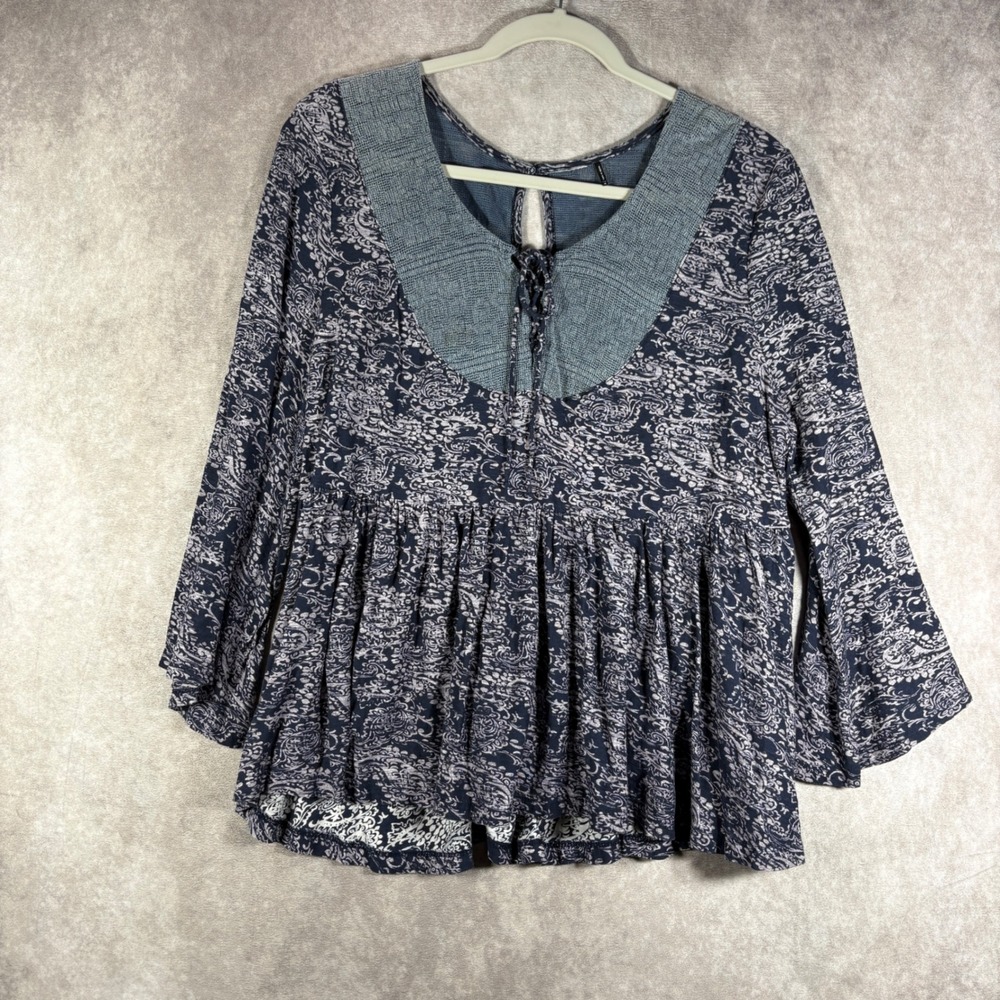Free People‎ Top Womens M Blue Paisley Babydoll Bell Sleeve Lace Up Mixed Media